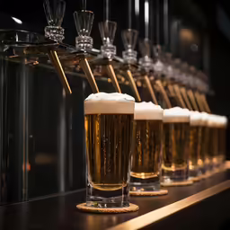the row of beer glasses is lined up