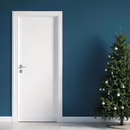 there is a small christmas tree next to the door