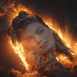 a girl is posing with the fire in the background