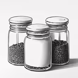 three glass jars with black seeds sitting on a table