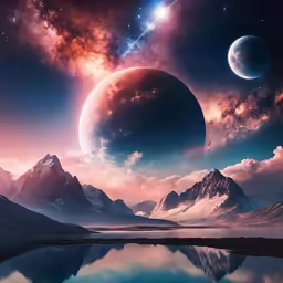a mountain and a body of water beneath a purple sky