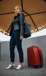a woman with a suitcase is standing outside