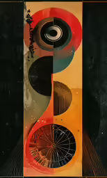 a painting depicting three different circles and different shapes