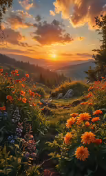 the sun setting in a beautiful mountain meadow