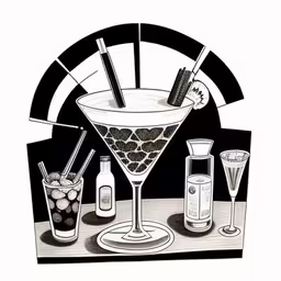 an illustration of a martini with different ingredients,a drawing of martini with a garnish on the rim