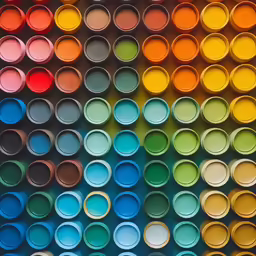 a large amount of colored paints arranged in rows