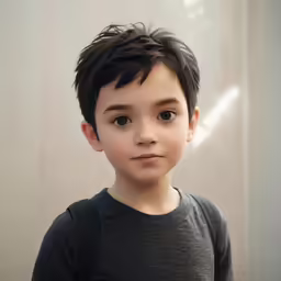 a young boy standing against a wall, looking at the camera