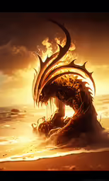 a dragon is sitting in the surf at sunset