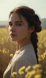 a woman in the middle of a large field