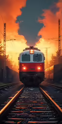 the sun sets behind a train on tracks
