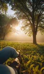 person sitting in the middle of the grass and trees