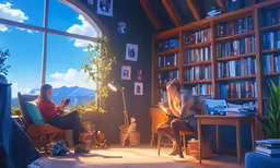two people sitting in a room next to each other