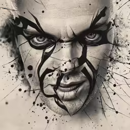 a man is depicted with black paint and ink on his face