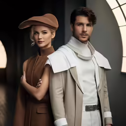 man and woman in formal clothing standing together