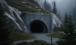 the cave on the side of a mountain is built into the rocks and grass