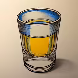 a pencil drawing of a small glass filled with liquid