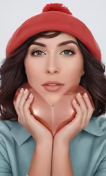 a woman wearing a hat poses with her hands over her chest