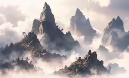 a large group of mountain peaks covered with mist