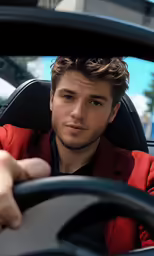 a man driving in a car with a brown jacket