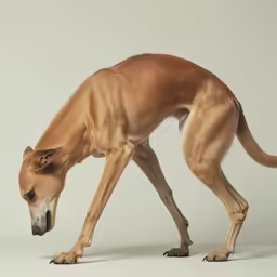 the dog is bent down with one foot and leg raised out