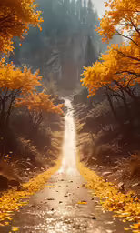a long road has yellow leaves on it