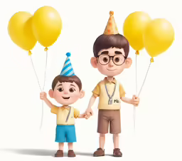 two boys in party hats holding yellow balloons