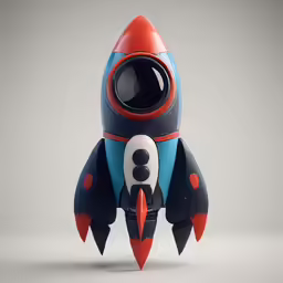 a toy rocket ship that is blue and red