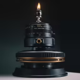 a camera lens on top of the hood of a camera