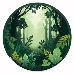 a painting that has a green forest with leaves