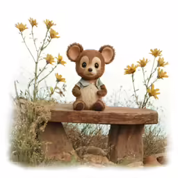 a toy mouse sits on a wooden bench