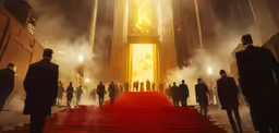 a crowd is walking down the red carpet of an elevator