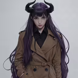 a girl with horns is dressed in brown and purple