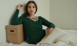 a woman in green is sitting on a bed with a cardboard box