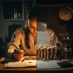 two images of woman preparing food and with utensils