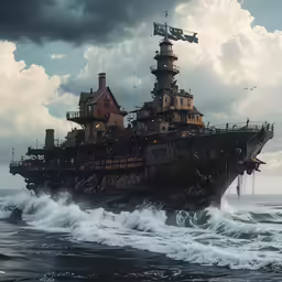 a huge ship in the water with buildings on the roof