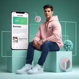 a man in pink hoodie sitting on a phone