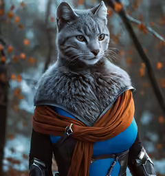a cat wearing a blue and orange top