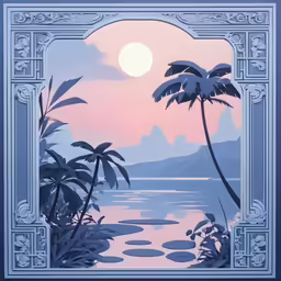 a painting of a sunset with two palm trees