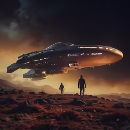 two men walk in front of a giant flying spaceship