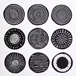 six black and white circles in a row,an illustration of twelve circular designs with lines
