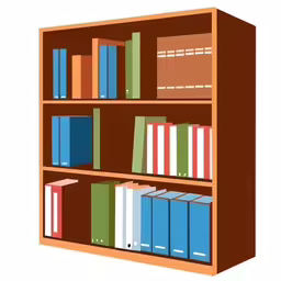 a set of three shelves with books and binders on it,there are many books on the bookshelf