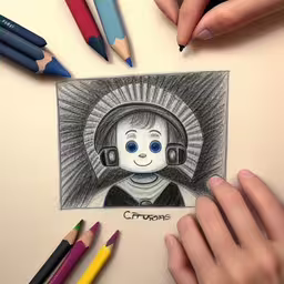 two hands holding pencils next to an drawing of a woman,colored pencils draw a drawing of a girl with headphones