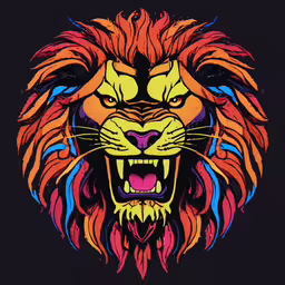 a lion with an open mouth and many colors,a lion with colorful colors on his face