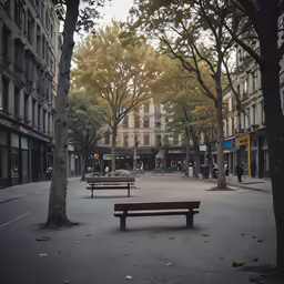 there are benches in the middle of a city street