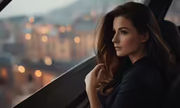 a woman sitting in a car next to a window