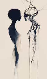 the silhouette of two women standing next to each other