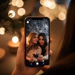 someone taking a picture of two girls holding wineglasses