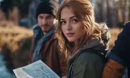 a man and woman are standing next to each other reading newspaper