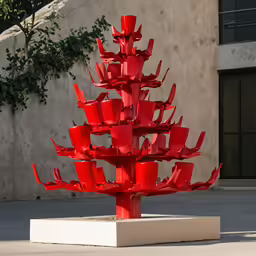 red metal sculptures on the side of a building