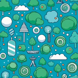 a blue and green pattern with trees, clouds, and round objects